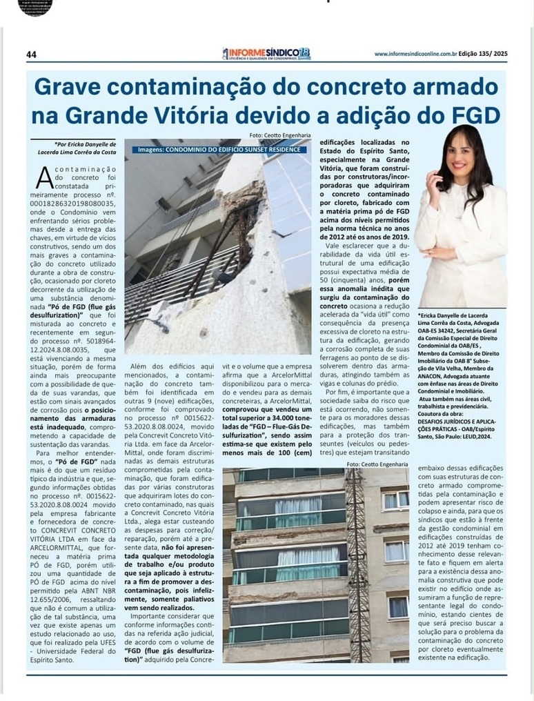 Matéria "Grave contaminação do concreto armado na Grande Vitória", assinada pela Dra. Ericka Corrêa da Costa, publicada no jornal Informe Síndico